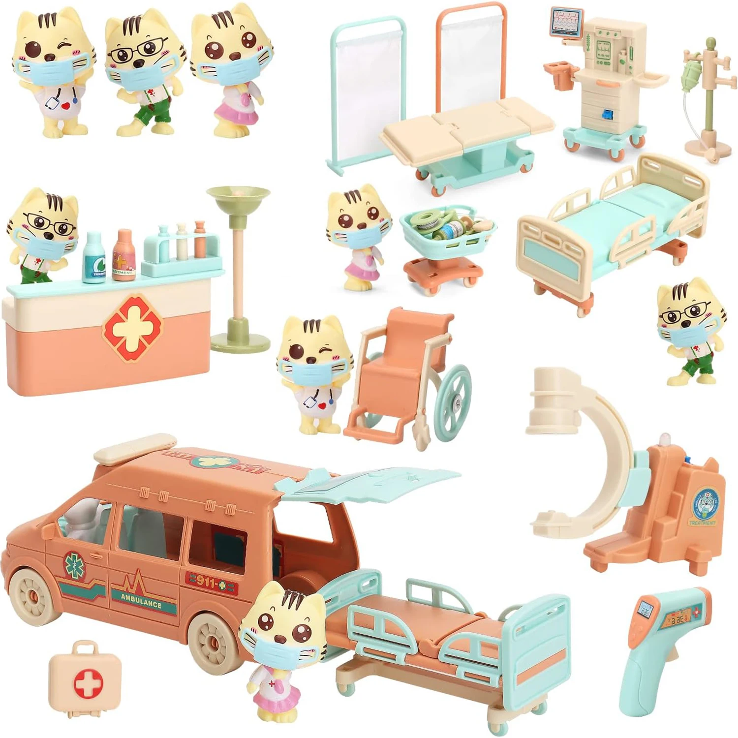 Cat Dolls Doctor Pet Pretend Play Toys, Figures Playset Toy, Hospital and Ambulance Toy with Lights and Sound, Educational Toys