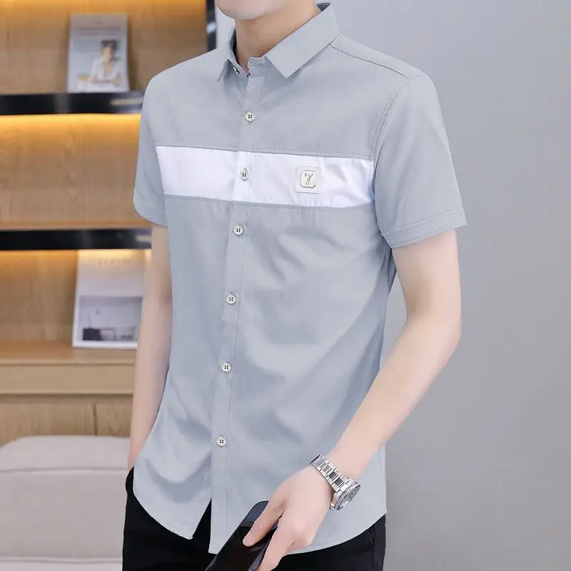 2024 New Summer Fashion Trend Simple Casual Business Lapel Contrasting Color Versatile Slim Fit Short Sleeved Shirt for Men