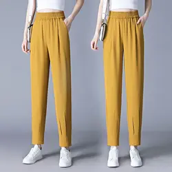 Summer New Fashion Casual Versatile Solid Harlan Pants Women's Elastic High Waist Pocket Button Simple Wide Leg Cropped Trousers