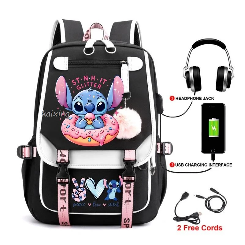 

MINISO Hot Lilo Stitch Backpacks Set for Girls Anime School Bag Teenager Student Canvas Laptop Back Pack Women Rucksack Purple