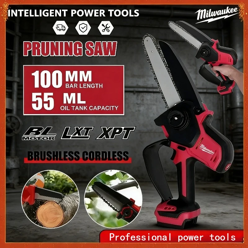 Milwaukee Cordless Mini Sega a catena Sega elettrica Tenuta in mano da giardino Motosega da taglio per legno Utensile elettrico per batteria 18V