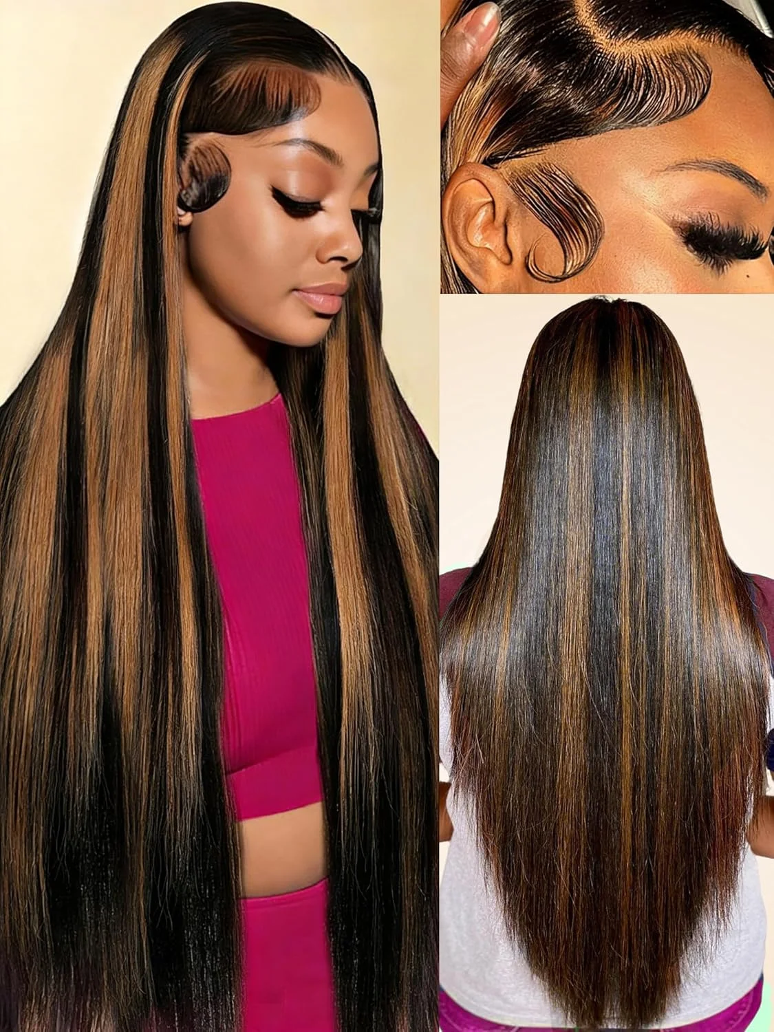 FB 30 Glatte Perücke aus Echthaar, Honigblond, Lace-Front-Perücke, 13x6 HD Transparente Lace-Frontal-Perücke für Damen, 46 Zoll – Detail 6