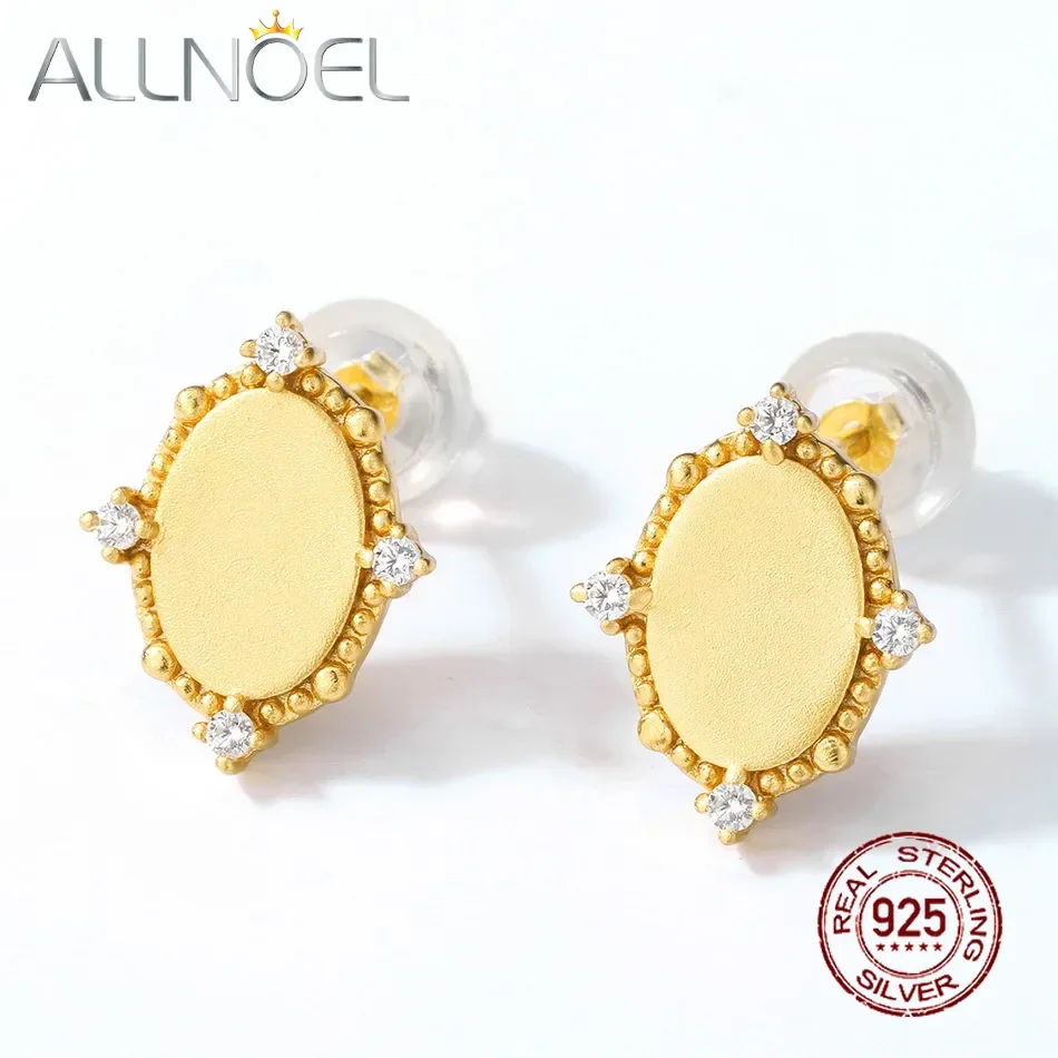 

ALLNOEL Simple Oval Shape Stud Earrings 925 Sterling Silver for Women Zircon Blank Gold Plated Original Design Fine Jewelry Gift