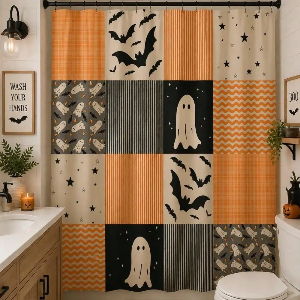 1Pc Halloween Patchwork Ghosts And Bats Shower Curtain | Orange Black Pattern Shower Curtain Polyester, Bathroom Decor Shower Curtain Gifts