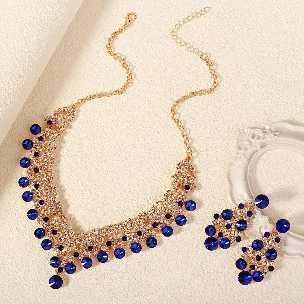 

Elegant Luxury Rhinestone Bride Jewelry Sets Water Drop Crystal Flower Necklace Earrings Sparkling Bridal Necklace Set Party