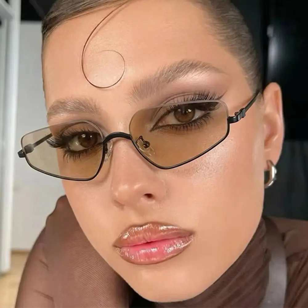 

2026 New Vintage Semi-Rimless Polygon Punk Sunglasses Women Cat Eye Metal Small Frame Sun Glasses Ladies Classic Shades