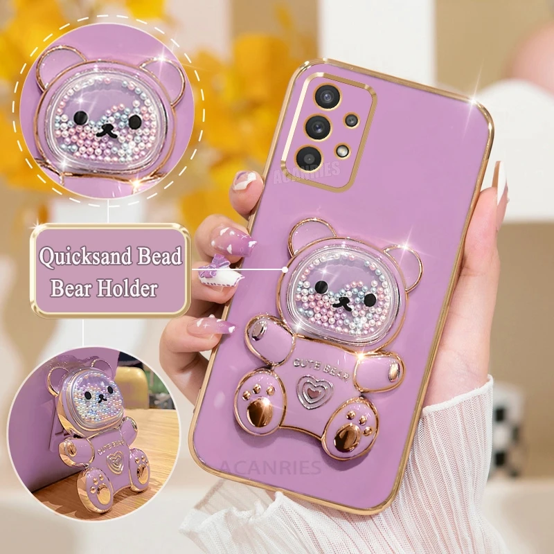 A 52 32 13 23 33 53 Quicksand Bear Holder Plating Case For Samsung Galaxy A52 A32 A13 A23 A33 A53 A73 4g 5g Silicone Stand Cover