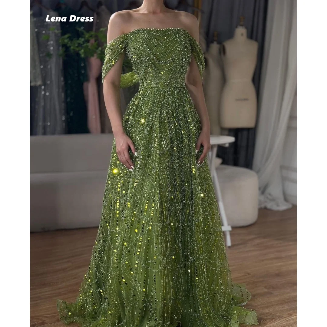 Lena-vestidos largos de graduación 2025, línea verde, lujosos vestidos de noche para mujer, elegante vestido de noche de lujo para mujer, fiesta con cuentas