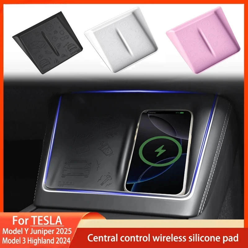 For Tesla Model3 Highland2024 ModelY Juniper2025+Silicone Car Phone Wireless Charging Pad Non-Slip Mat Dust-Proof Car Accessorie