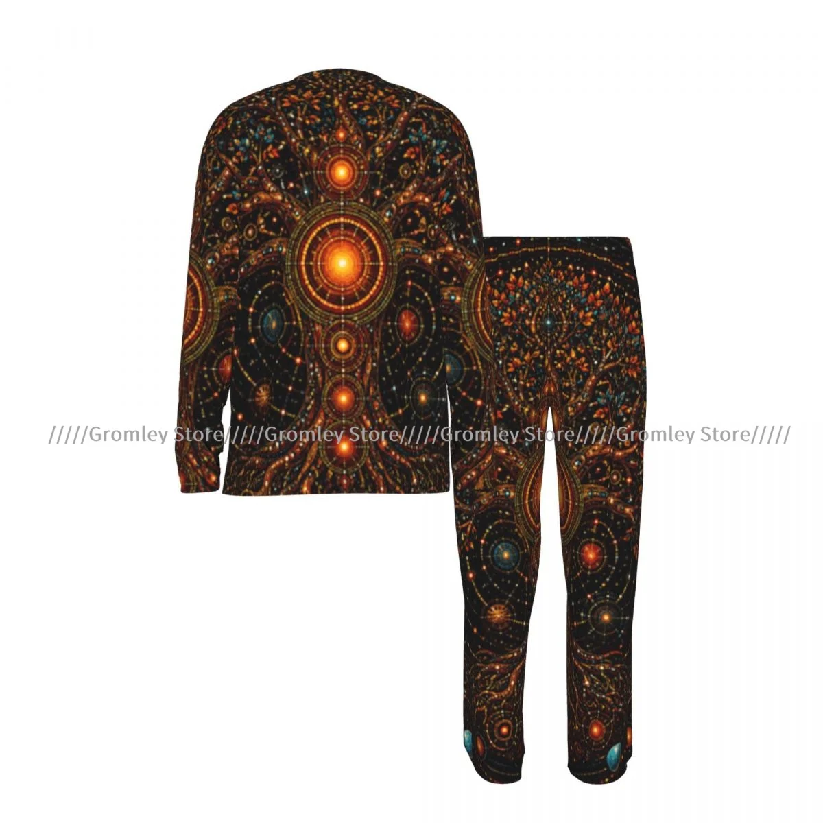 Men's Pajama Set Long Sleeve and Long Pants Mystical Tree Of Life With Dot Art Mandala Pattern Soft Sleepwear for Home