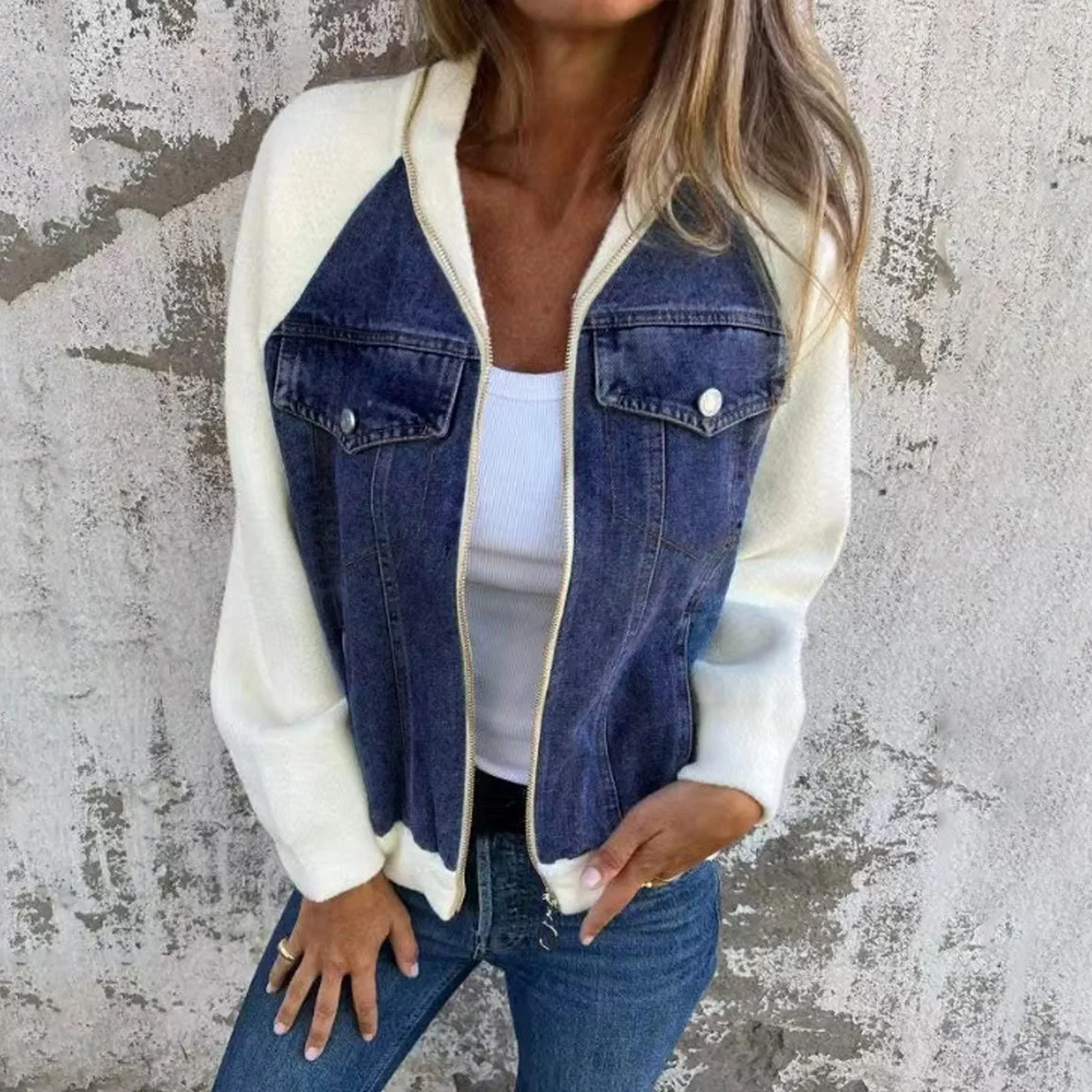 Chic Contrasting Colors Streetwear Coats Autumn Winter Fashion Denim Jaket Casual Wipe Shoulder Sleeve Jacket куртка женская