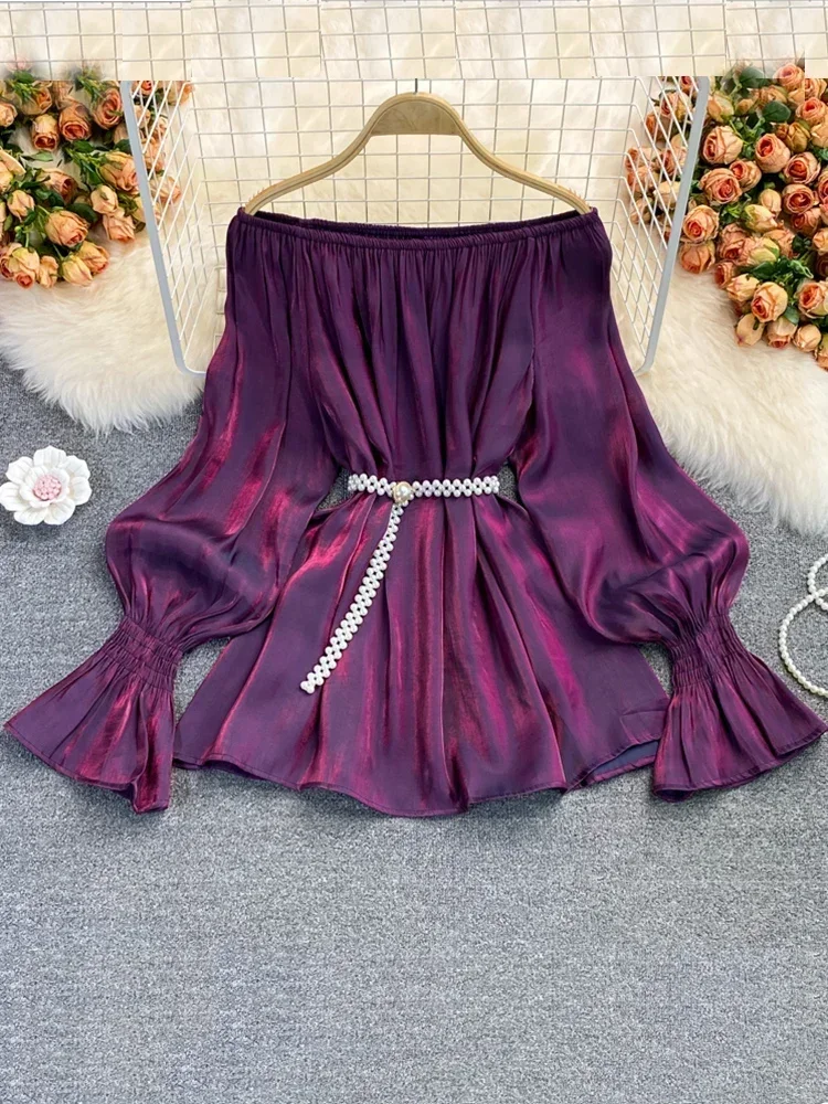 Early Autumn Lazy Wind Blouse Female One-word Collar Flared Sleeves Blouse Korean Pleated Shirt with Pearl Belt Tops GD610