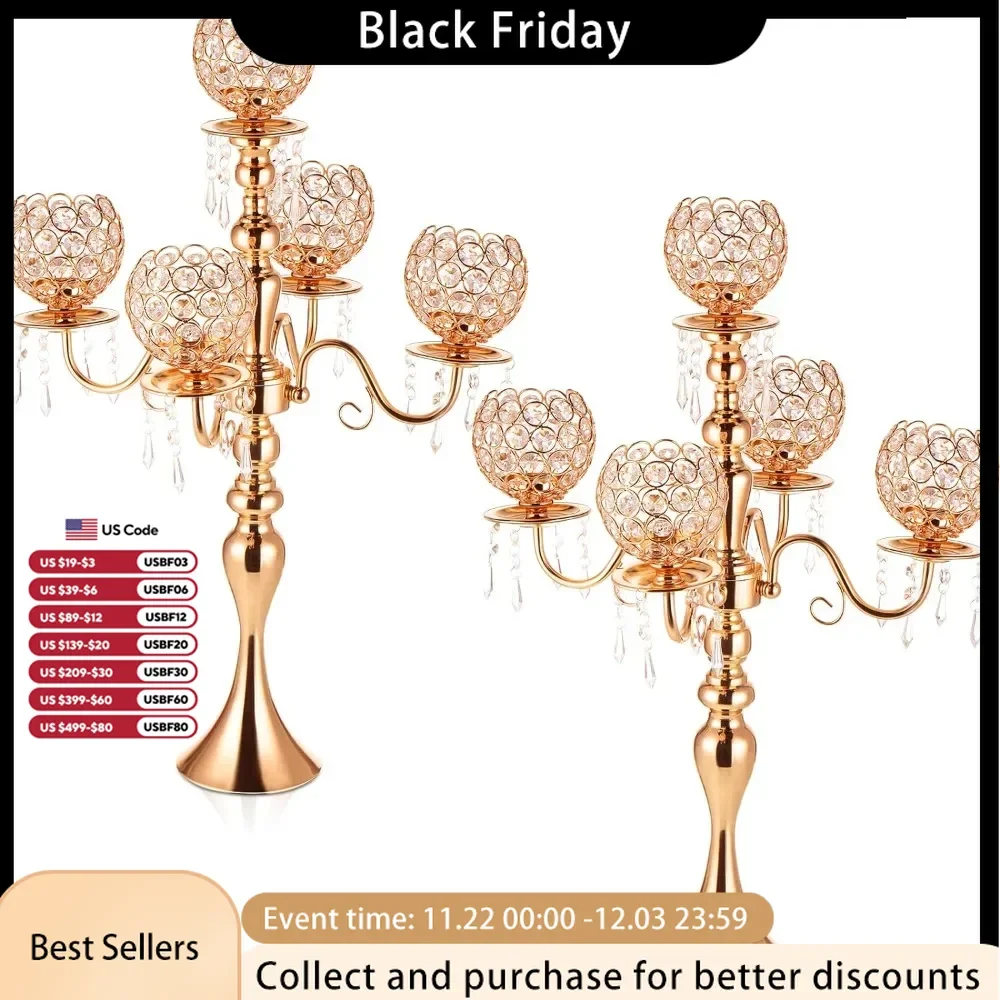 Set of 2 Gold Candle Holder Center Ornament with Crystal Pendant 26 Inch High Crystal Candle Holder, Wedding Center Ornament