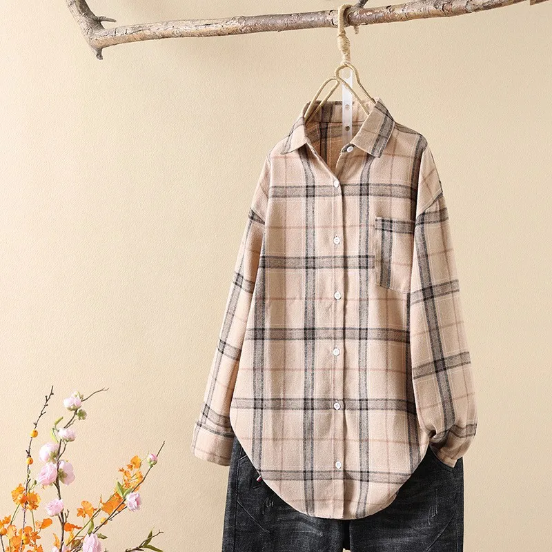 Autumn Long Sleeve Loose Fit Casual Shirt Oversized Button Down Lightweight Blouse Lapel Pocket Check Fashion Shirts Tops Women