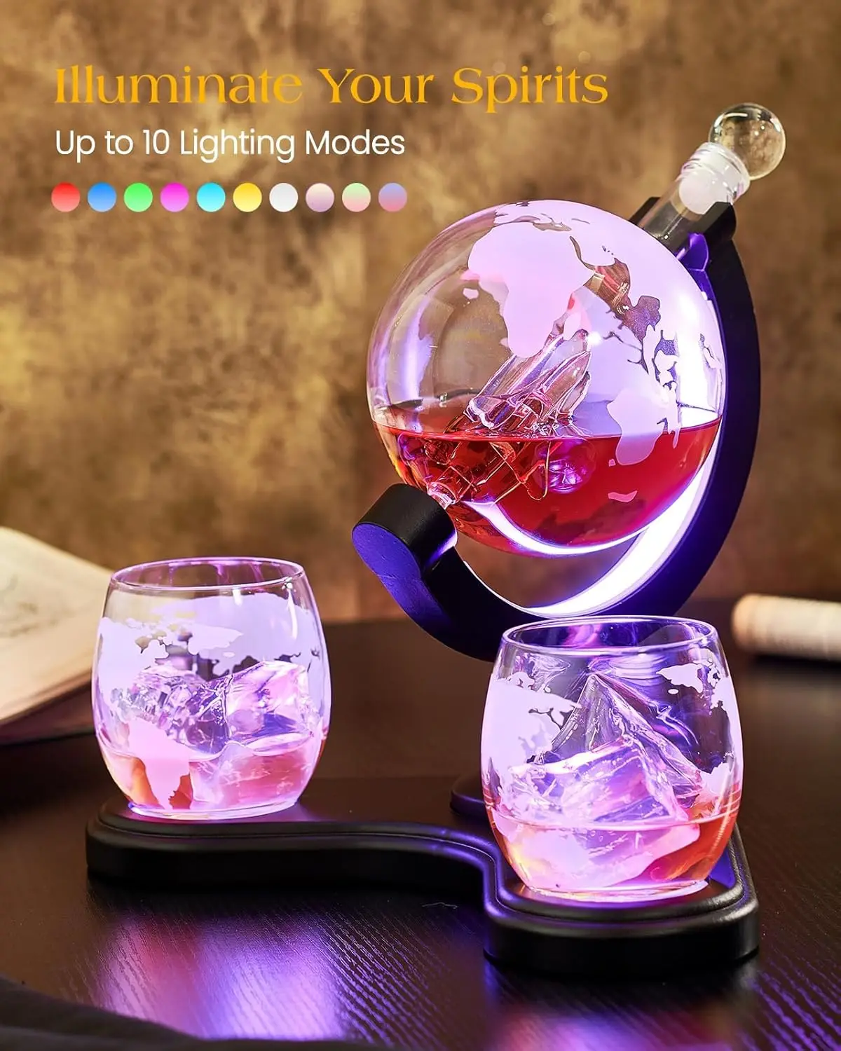 

30.4 Oz Whiskey Patented Globe Decanter Set with 7 Color RGB Light, Unique Cool Bourbon Liquor Dispenser for Home Bar