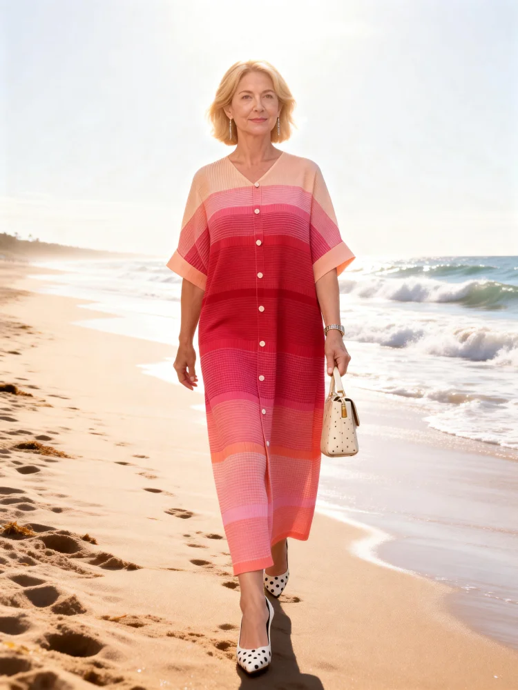 

Плиссированное платье Miyake для женщин, новая модная коллекция 2026 года, розовое с градиентным принтом, V-образный вырез, короткий рукав, однобортное, элегантное плиссированное платье-юбка