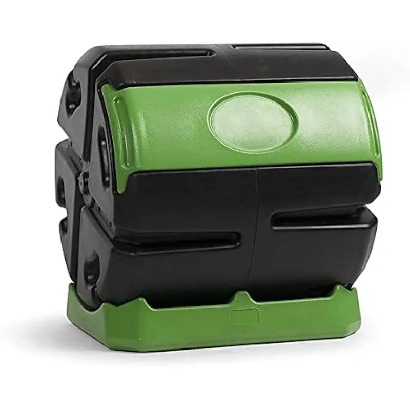 Rolling cylindrical compost bin with tumbling action for fast aerobic decomposition • 37-gallon capacity • UV-stabilized polyeth