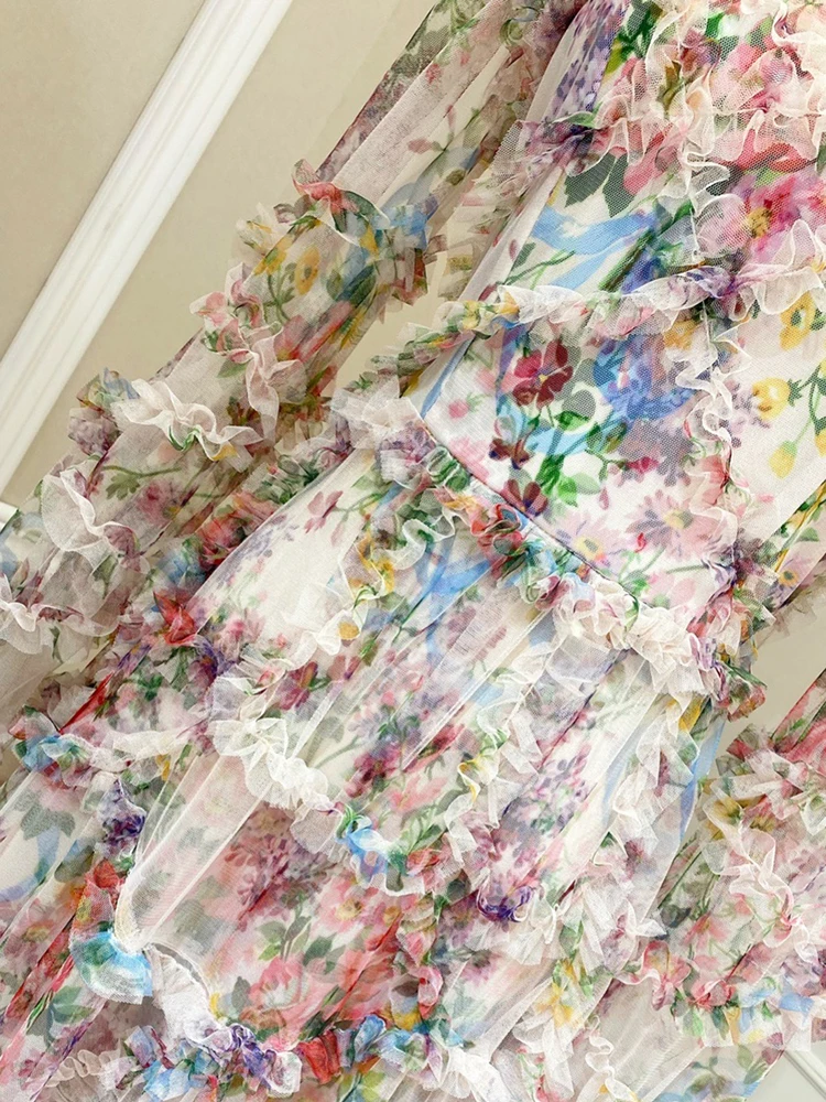 TWOTWINSTYLE Hit Color Print Dresses For Women Round Neck Lantern Sleeve High Waist Folds Elegant Dress Female Fashion Clothing