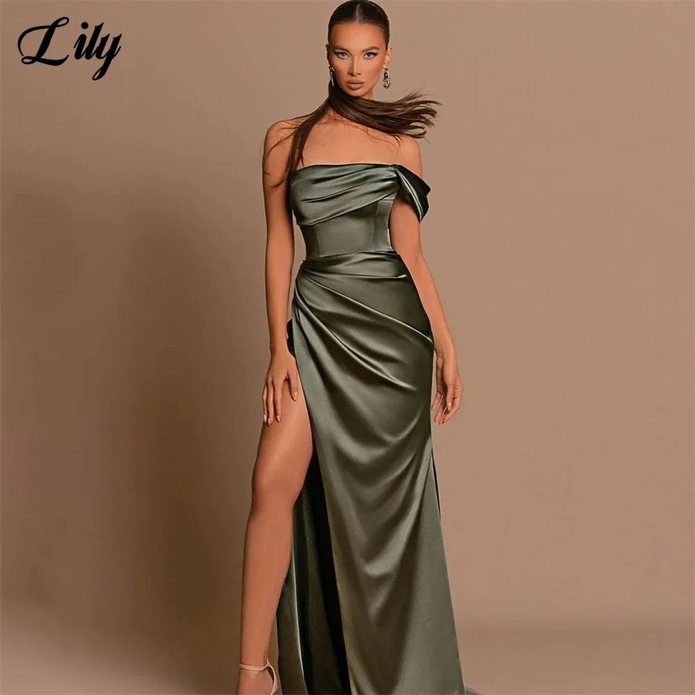 Lily Sexy Strapless Mermaid Evening Dresses Satin One Shoulder Dresses Long Wrap Slit Corset Prom Dress فساتين مناسبة رسمية