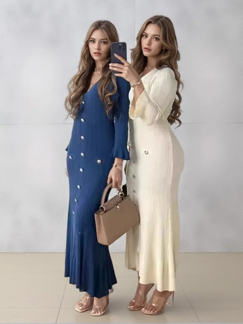 Office Lady Elegant Knitted Long Dress Short Sleelve V Neck Single Breasted Bodycon Dresses Women Party Fashion Vestidos 0WGX