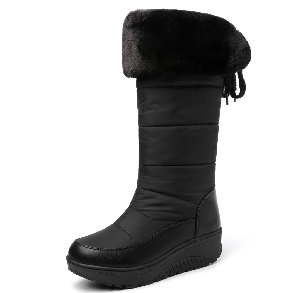 New Fashion Women Winter Knee High Boots Low Heels Platform Shoes Snow Boots Ladies Fur Luxury Wedges Black White Plus Size