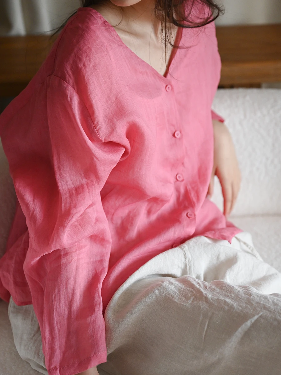 

Loose Cotton Linen irt Transparent Sun Protection Women's Ethnic Sle Artistic Long Sve V-Ne Button up Casual irt