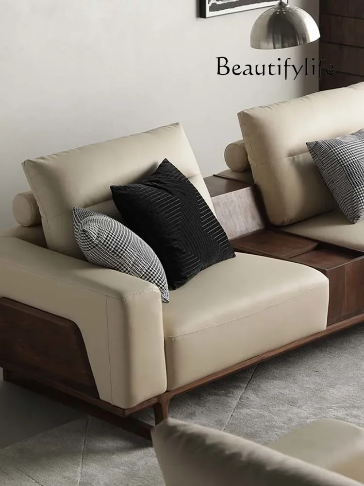 muebles para hogar North American Black Walnut Leather Sofa First Layer Cowhide Light Luxury Villa Large Flat Layer Solid Wood