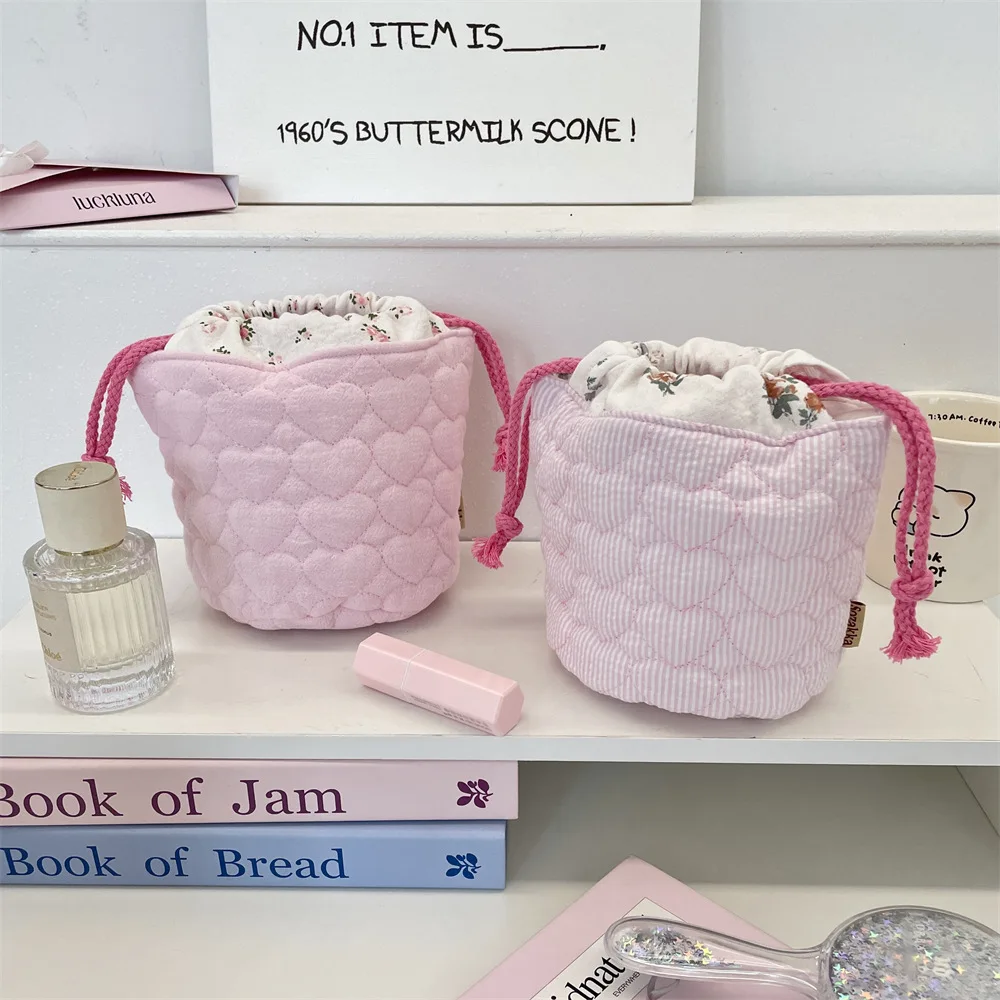 Splicing Design Ladies Storage Bag Flower Prints Female Cosmetic Bags Quilted  Love Striped Women's Portable Drawstring Wash Bag