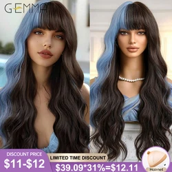 Synthetic Hair Wig Blue Brown Long Curly Wig with Bangs Blue Highlight Halloween Hair for Women Cosplay Party Heat Resistant