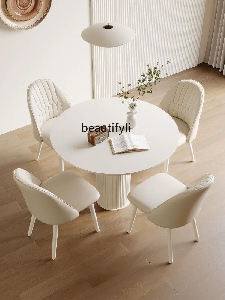 Cream Style round Dining Table Stone Plate Conference Table Modern Minimalist Roman Column round Table