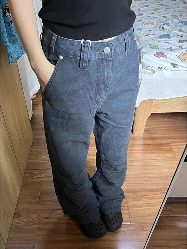 Retro American Workwear Pants in Misty Blue with Pleats And Washed Loose Straight Leg Casual Trousers for Teens