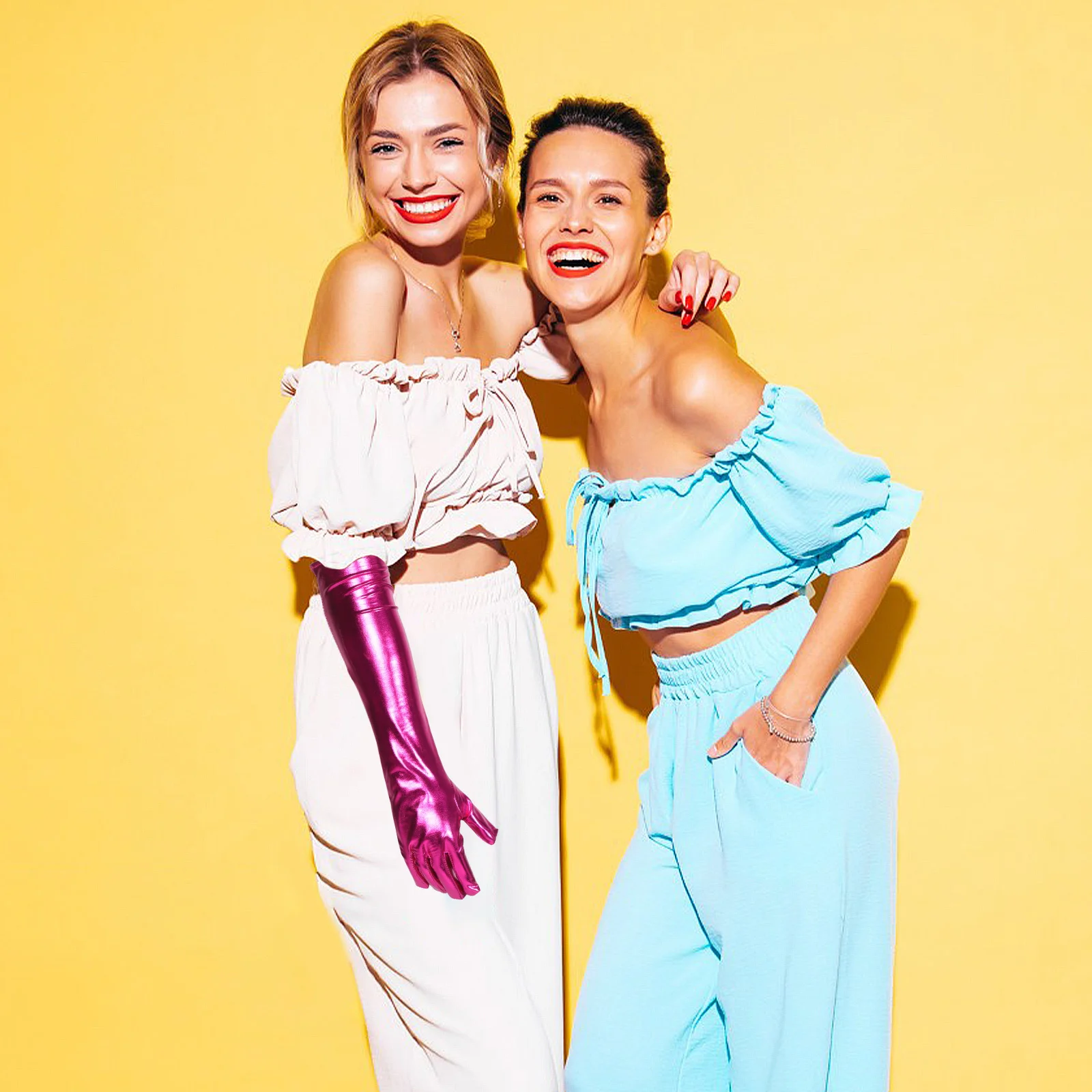 

1 пара розовых лакированных длинных блестящих оперных перчаток длиной до локтя, танцевальный костюм на Хэллоуин, длинные металлические перчатки