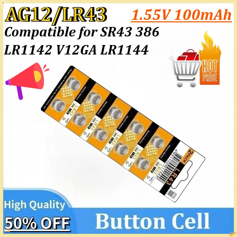 

Newly 5-100PCS 1.55V 100mAh AG12 LR43 Lithium Button Cell LR1142 V12GA SR43 386 Coin Cell for Watches Toys Remotes Calculator