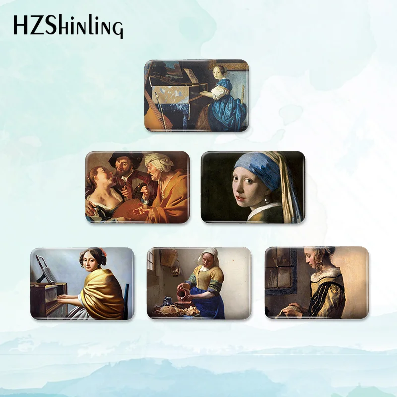 2023 New Girl with a Pearl Earring Badge Brooch Johannes Vermeer Art Rectangle Button Pin Backpack Decoration Round Jewelry Gift