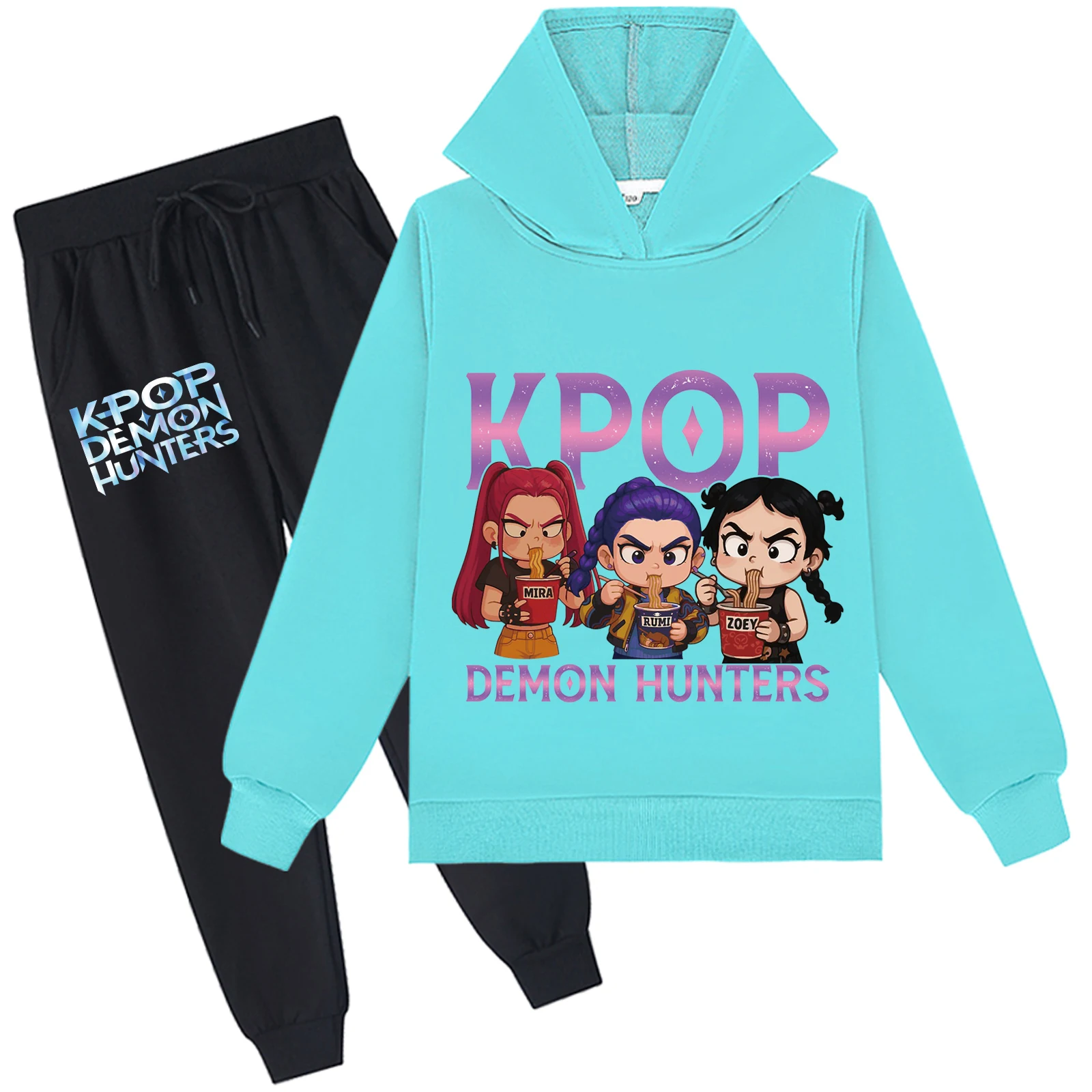 بلوفر بغطاء للرأس للفتيات الصغيرات KPop Demon Hunters مع بنطال رياضي مكون من قطعتين، سويت شيرت قطني للمراهقين مع غطاء للرأس (2-14 سنة، 5 ألوان) #1