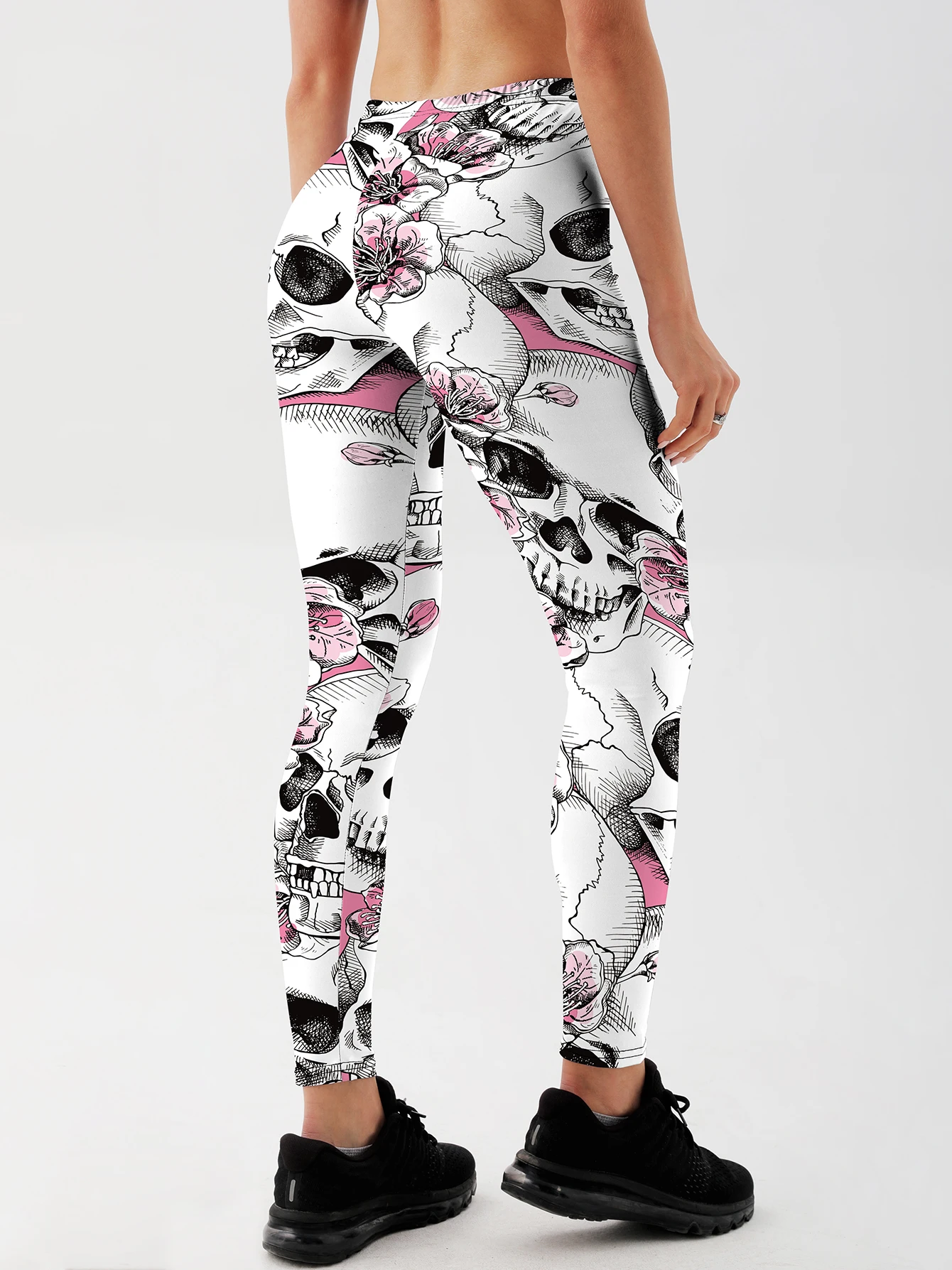 Modne damskie legginsy z nadruk róży z czaszką Push Up treningowe damskie legginsy z nadrukiem