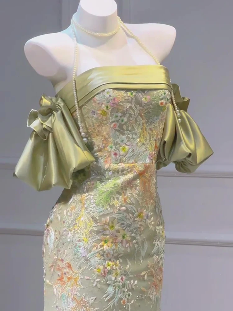 

Ele Long Qipao Wedding Dr Fi Tail Sle Heavy Work Bridal Gown for Engagement And Wedding Ceremony Polyester Fiber