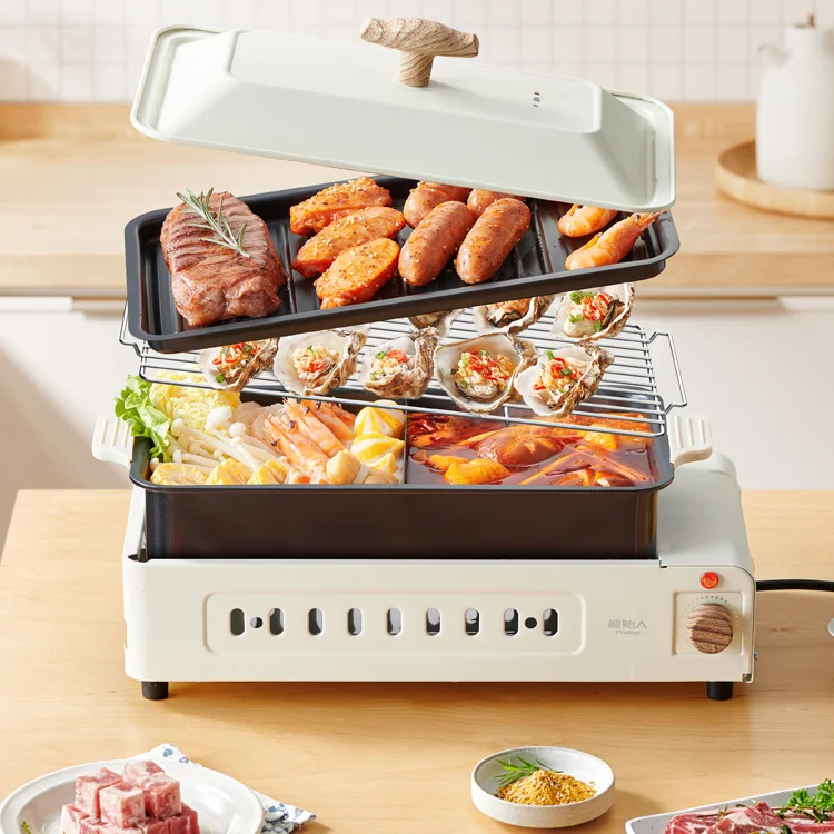 

Integrated pot, electric grill, barbecue machine, household electric grill, indoor smokeless oven