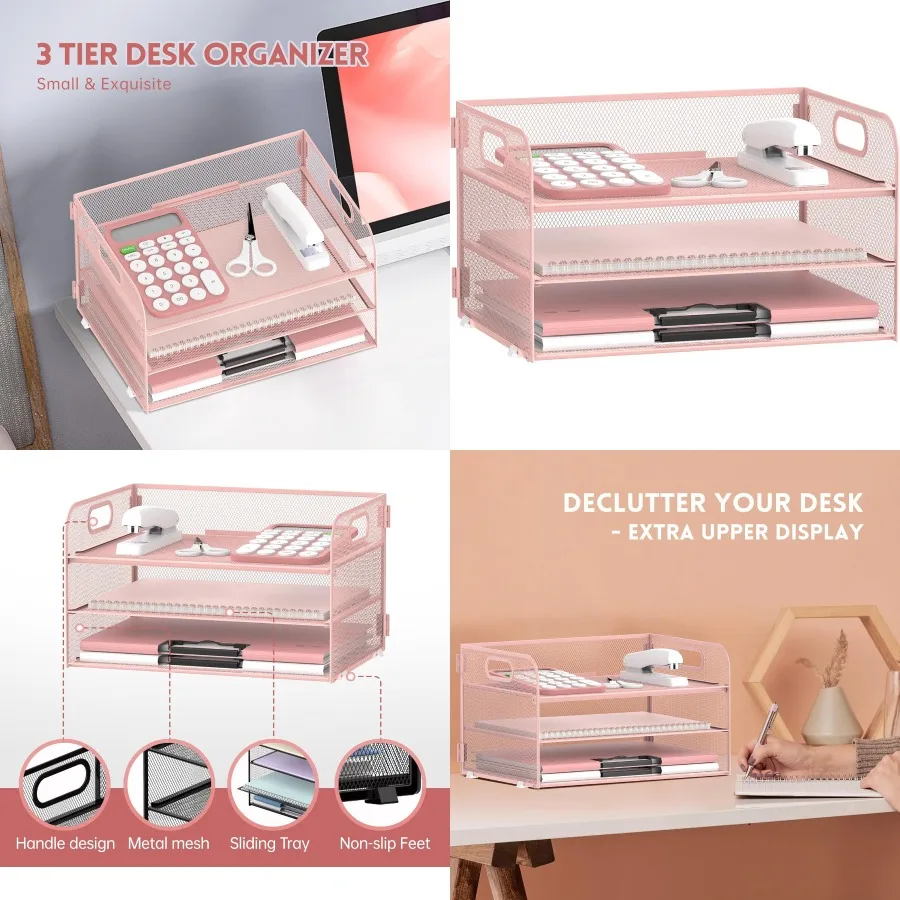 منظم ورق من 3 طبقات مع مقبض لتخزين المكتب، صينية رسائل بتصميم شبكي لملفات A4 والوثائق، ملف سطح المكتب الوردي المدمج #1