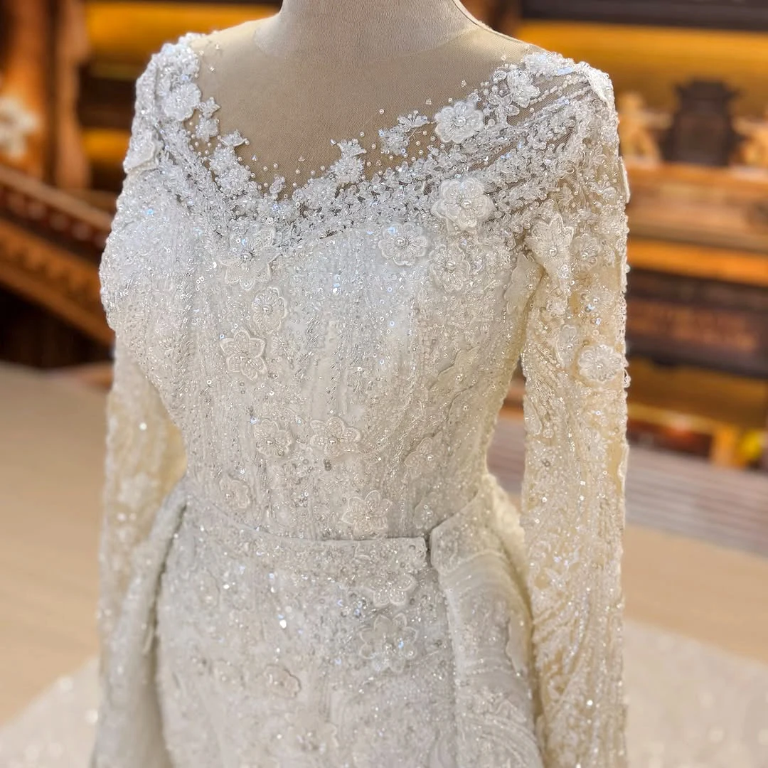 꽃 아플리케 자수 진주 웨딩 드레스 분리형 트레인 스팽글 피쉬 테일 웨딩 드레스 긴 소매 화이트 드레스