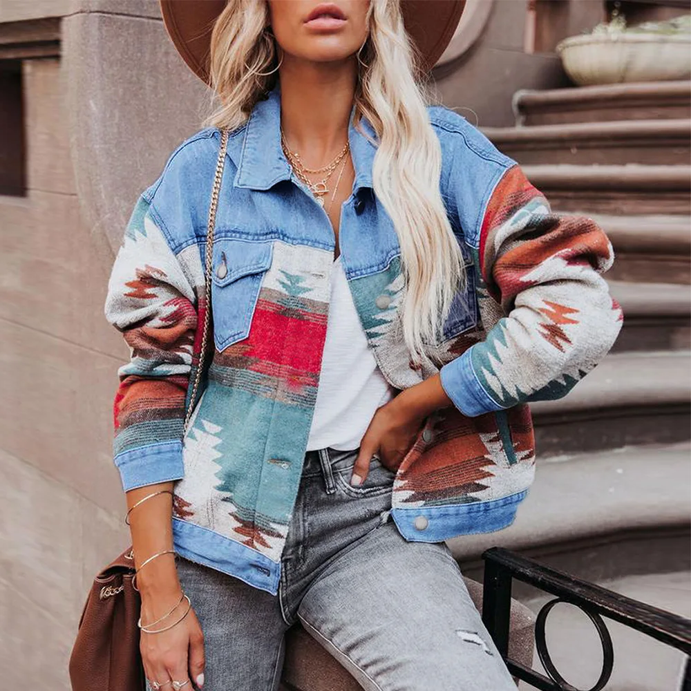 Chic Autumn Denim Coats Jackets Female Long Sleeve Casual Denim Outwear Washed Color-blocked Denim Jacket Cropped Top Y2K