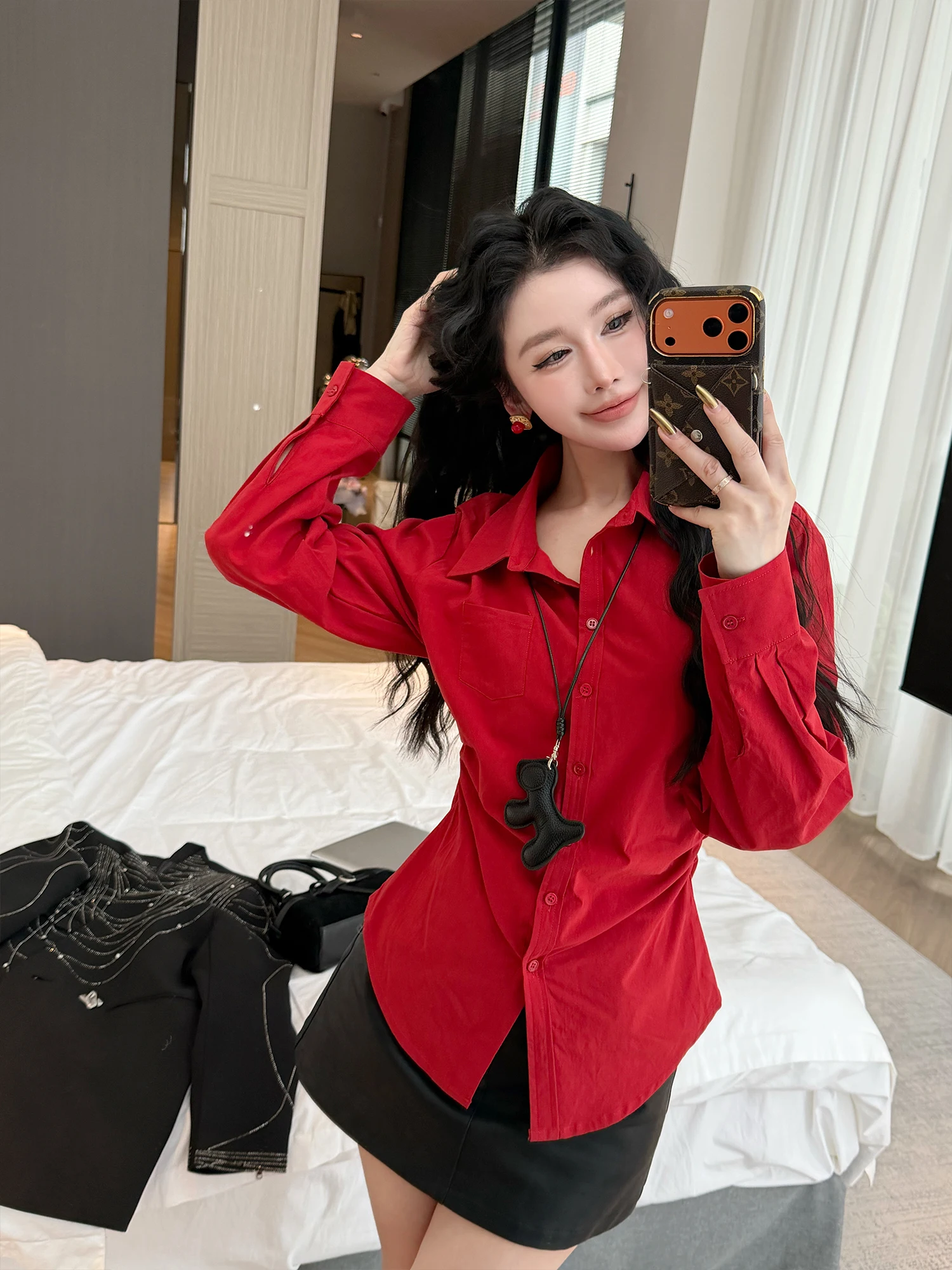 

Red Long Sve irt Waist In, Lazy Sle Versatile LADIESFIRST Retro Aosphere Ladies irt Casual Sle Polyester Fabric