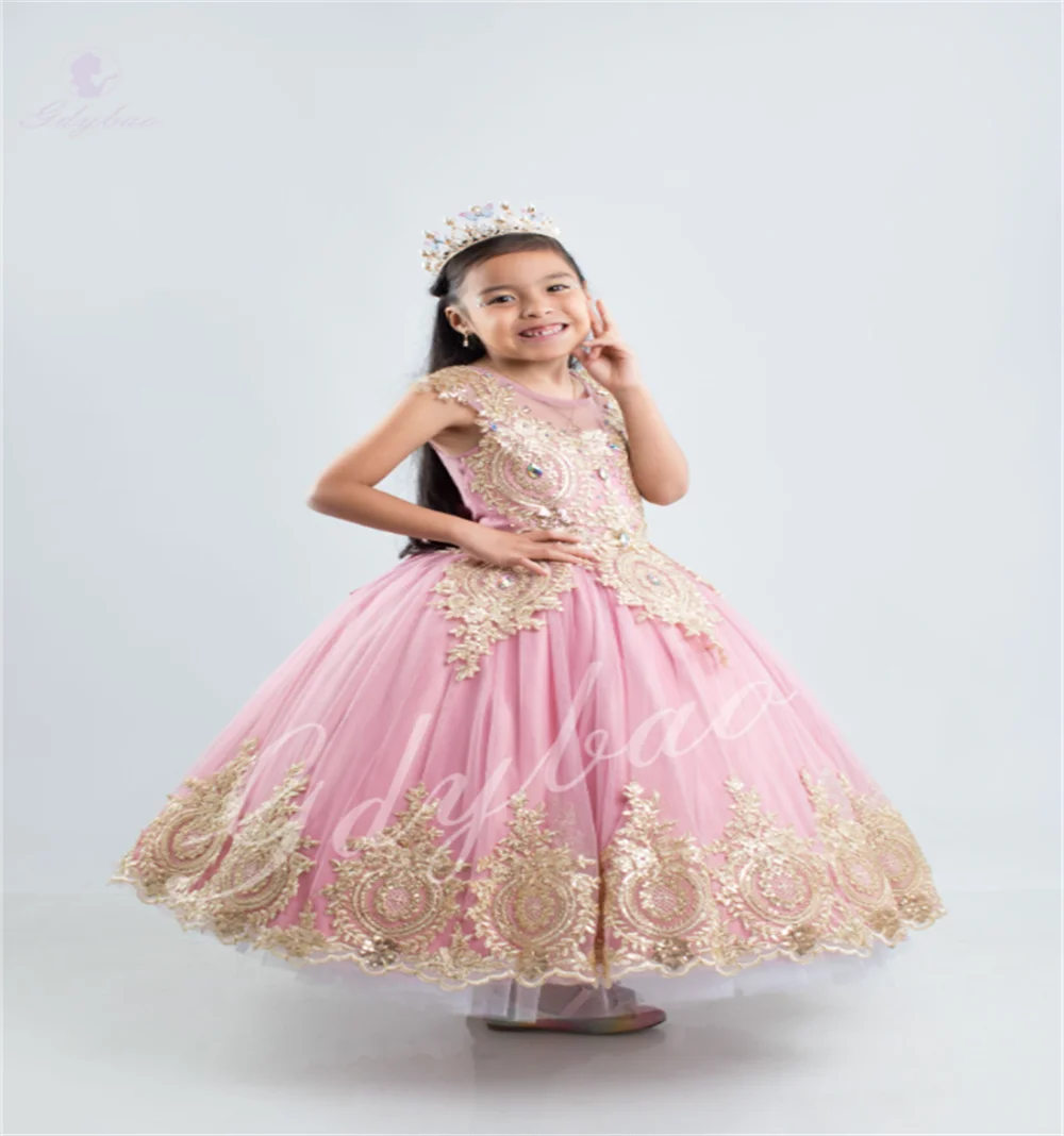 Prom Flower Girl Dress Fluffy Wedding Dress With Golden Lace Bow Sleeveless Children’s Birthday Piano Performance Host Dress