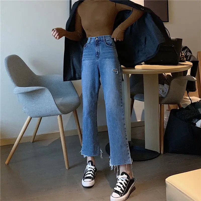 High Waist Denim Hole Ripped Destroyed Female Fashion Spring Casual Blue Jeans Trousers Autumn Women Elastic Holes Jeans Pants