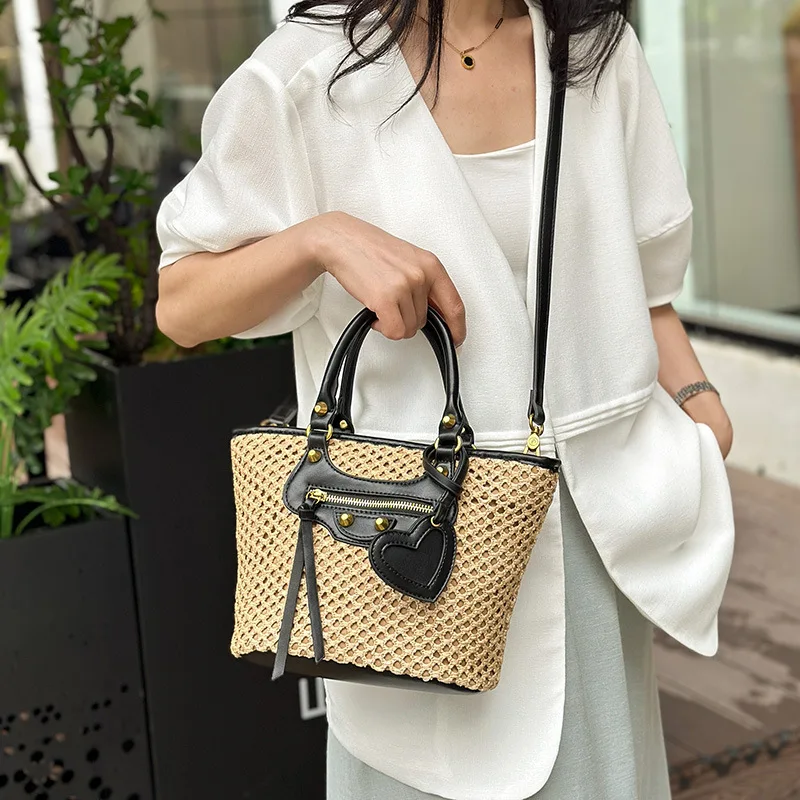 

2025 Elegant High-end Design Hollow Out Woven Straw Handbags Luxury Women Patchwork Leather Party Tote Bag Trend Shoulder Bag