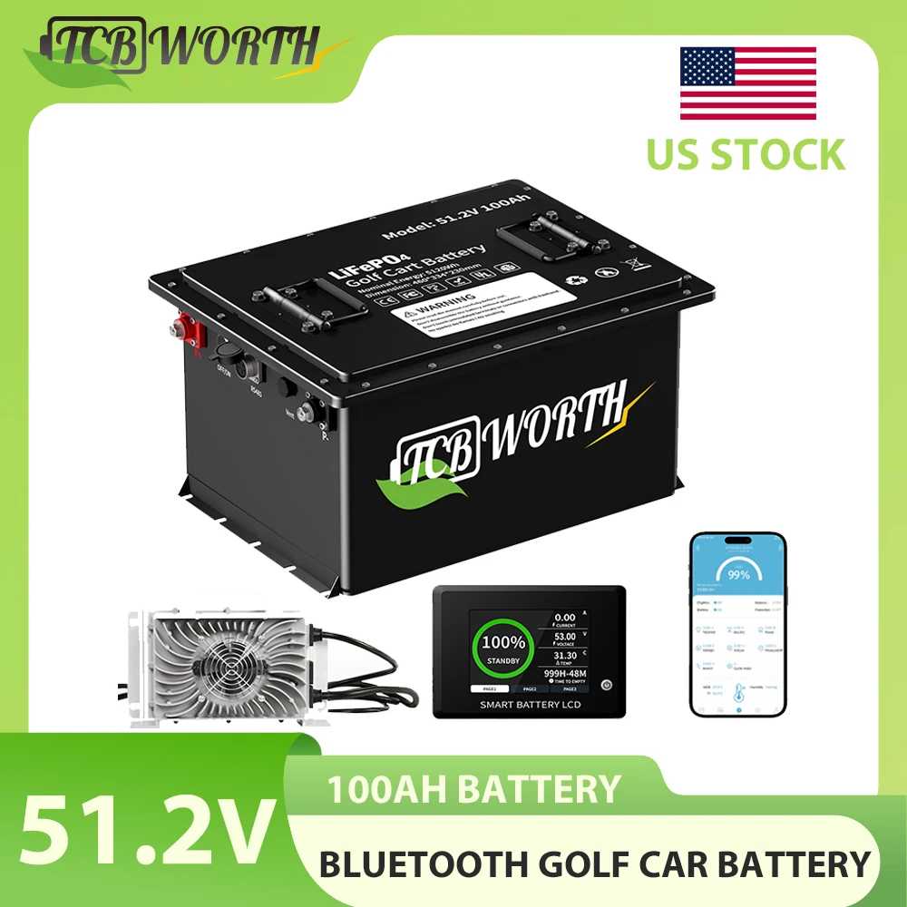 51.2V 105Ah Lithium Golf Cart Battery,Smart 200A BMS, Bluetooth & Low-Temp Protection,Max 10.75kW Power Output,for Golf Carts