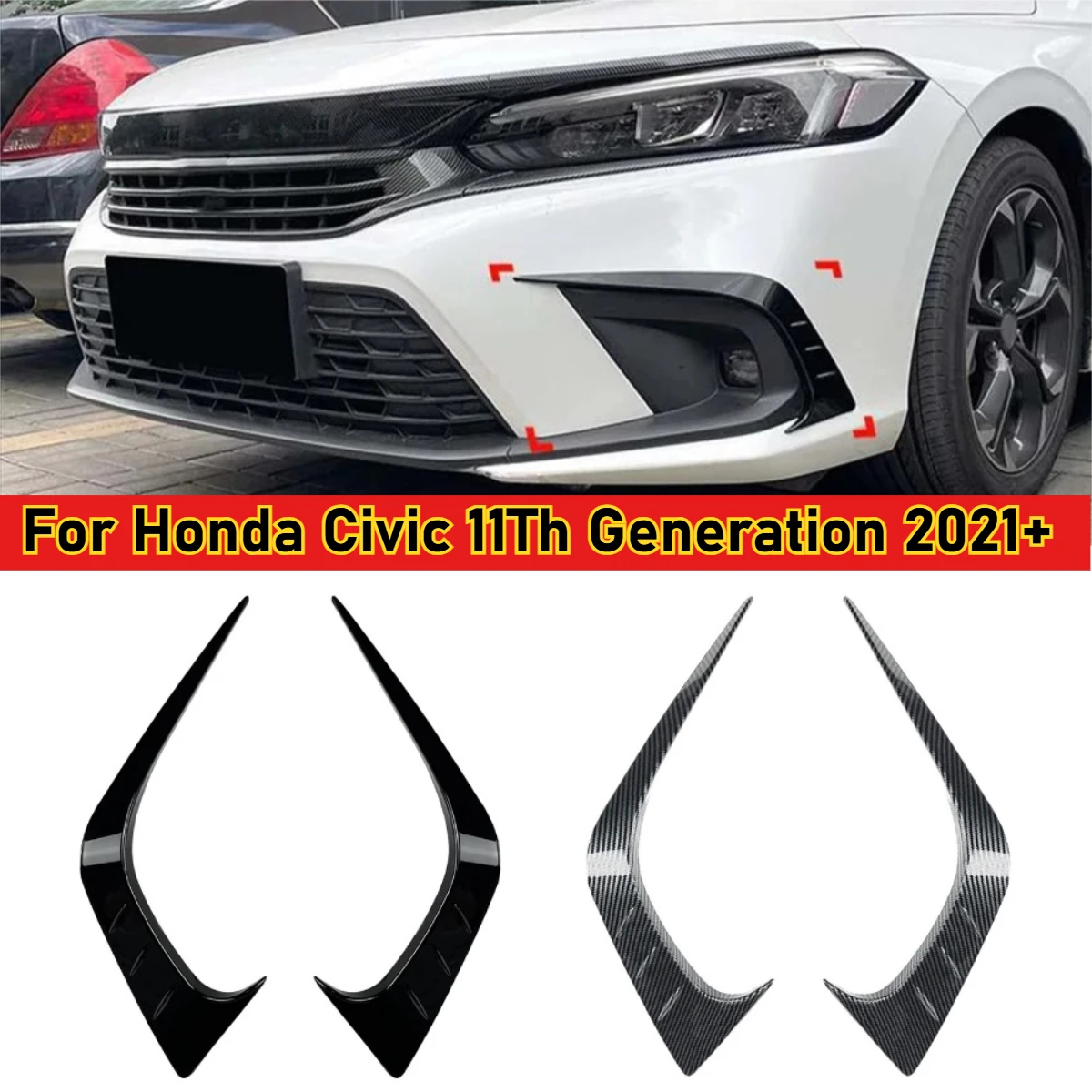 

Глянцевый черный карбоновый вид, передний бампер, сплиттер, спойлер, противотуманные фары, запасные части Canard для Honda Civic 11-го поколения 2021+