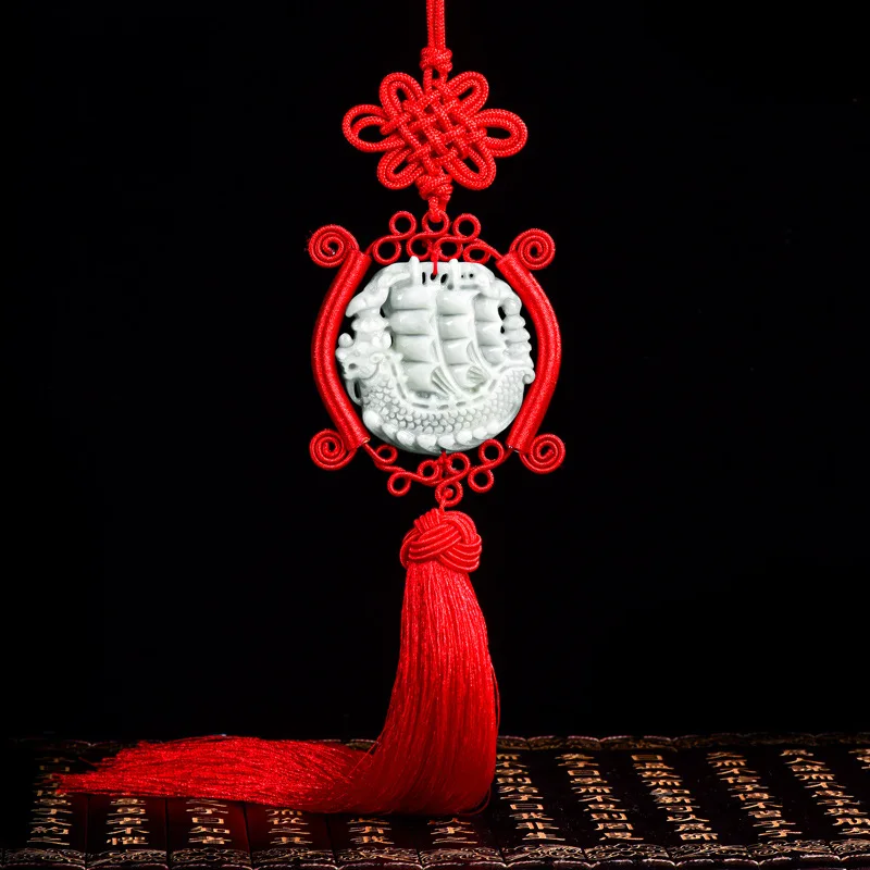 Natural A-grade Jadeite Smooth Sailing High-end Car Accessories Ensuring Safety China Knot Long Tassel  Jewelry Drop Shipping