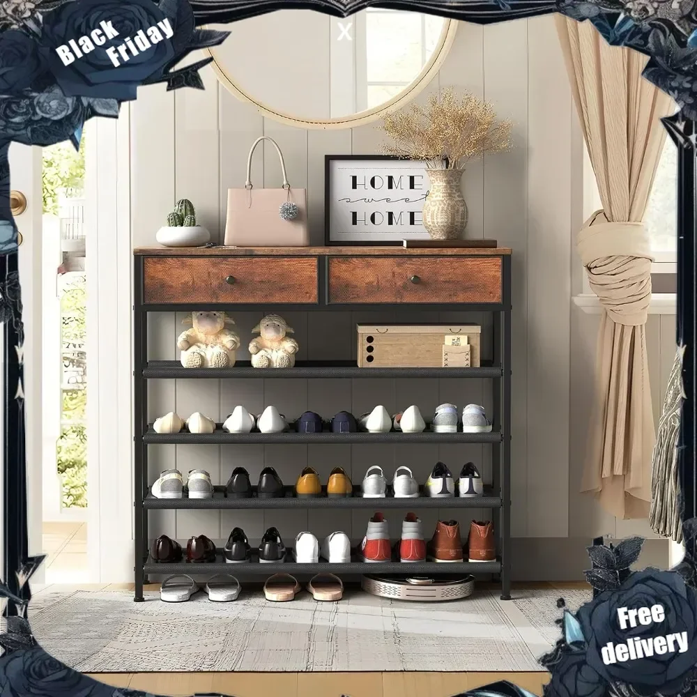 

Shoe Rack, 5 Tier Shoe Storage Organizer with 2 Drawers, Metal Shoe Shelf for 16-20 Pairs of Shoes, with 4 Fabric Shelves