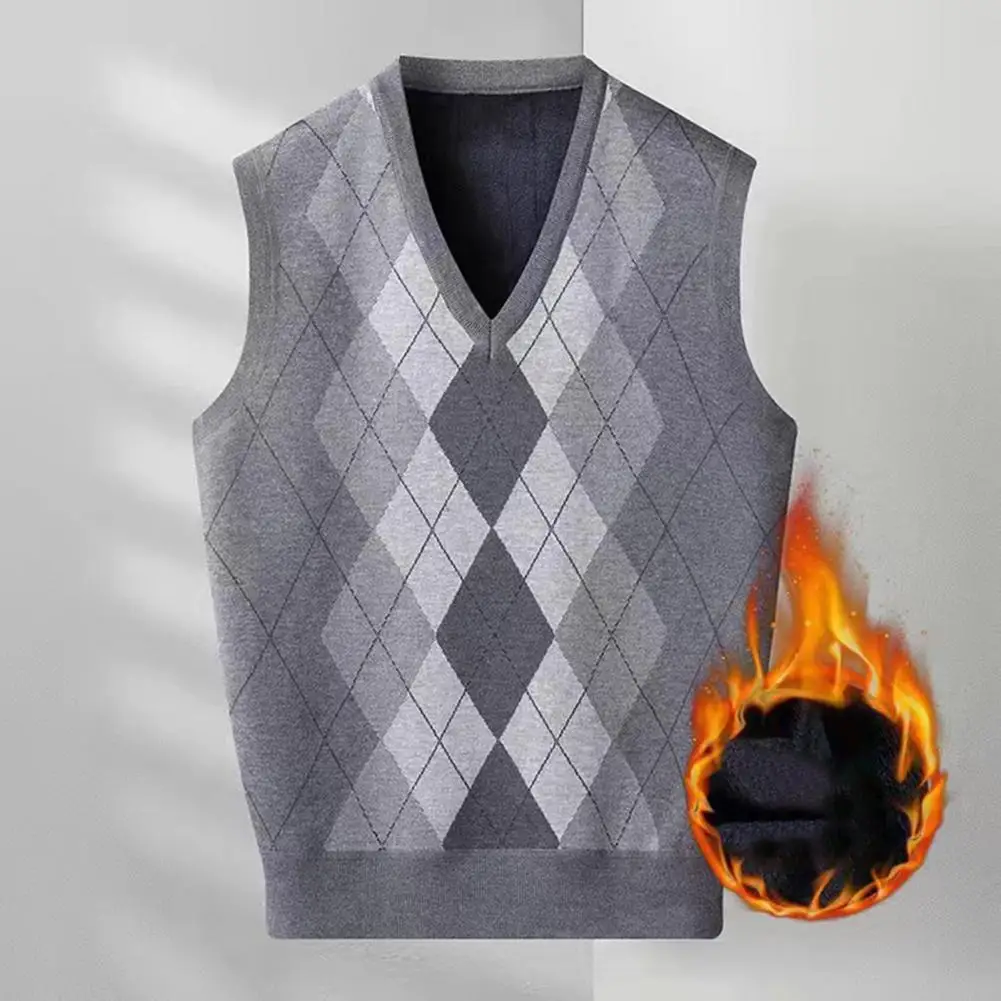 

Sleeveless Men Vest Knitted Rhombus Print V Neck Men's Winter Vest Sleeveless Warm Stylish Mid-length Pullover Sweater for Fall